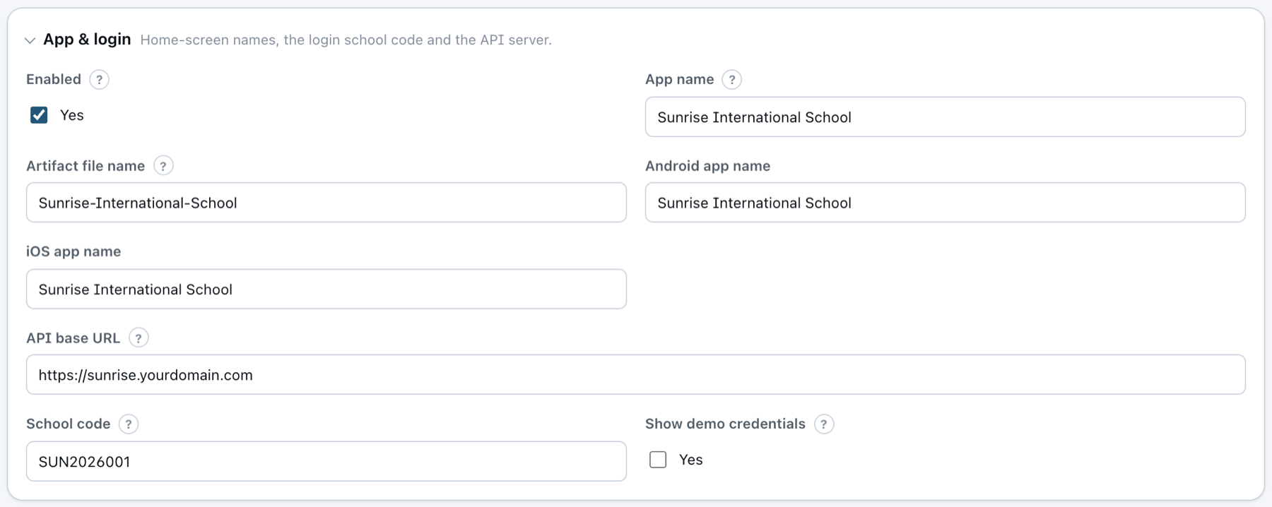App &amp; login section: names, admin panel URL and school code